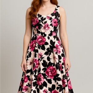 White House Black Market Pink and Black Floral Midi Dress
